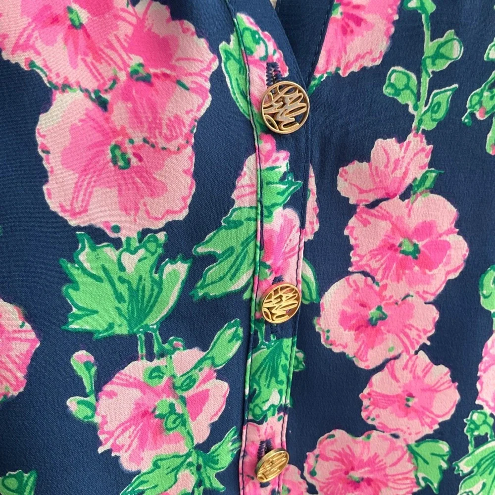 Lilly Pulitzer Women's Elsa Top 100% Silk Blouse Oyster Bay Navy Devine XL